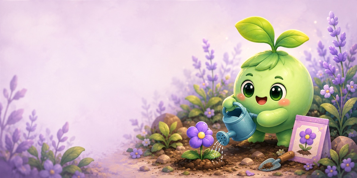 Bit Bud watering a small flower in a purple garden